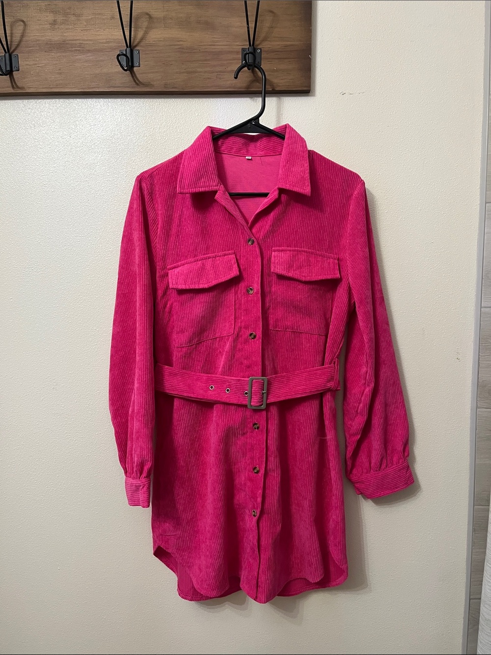 Hot Pink Long Sleeve Corduroy Belted Shirt Dress